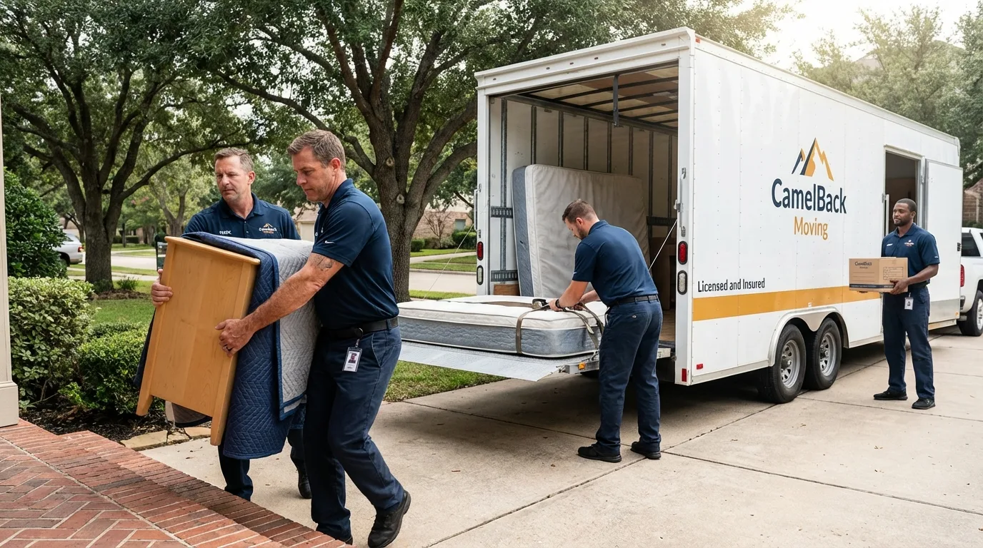 Crew loading residential truck for cross-state move from Strathmore, CA