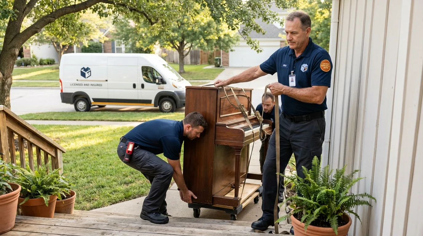 Licensed piano movers securing grand piano in Strathmore, CA
