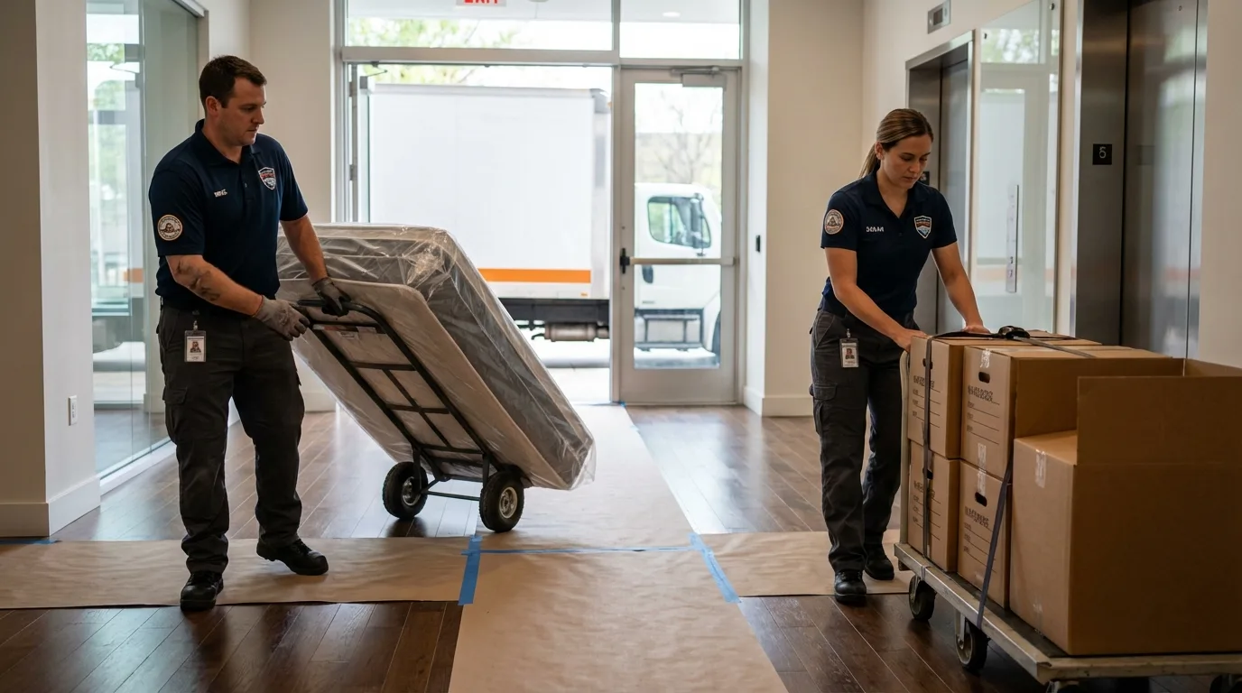 Professional apartment movers loading elevator in Strathmore, CA