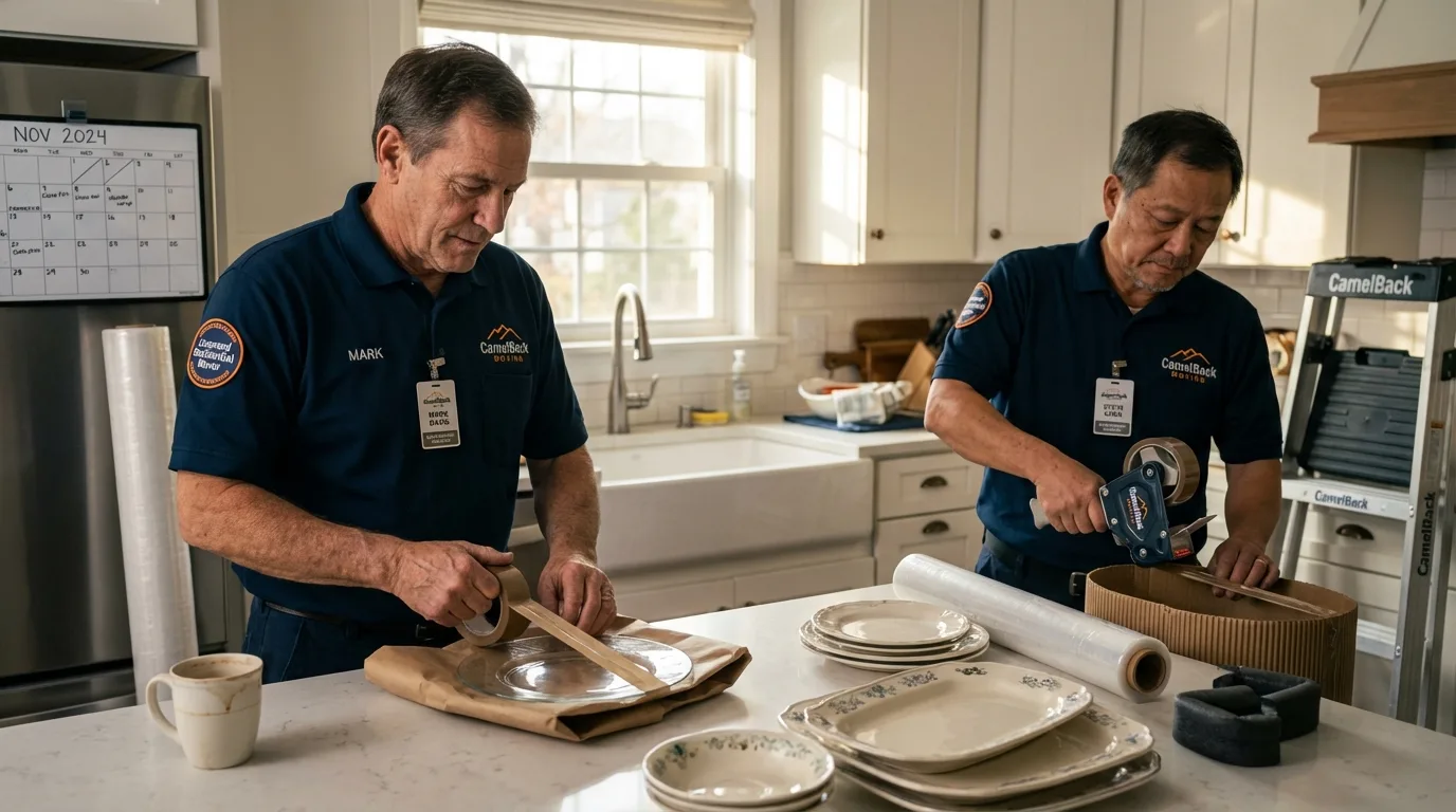 Professional crew packing kitchen dishware in Strathmore, CA